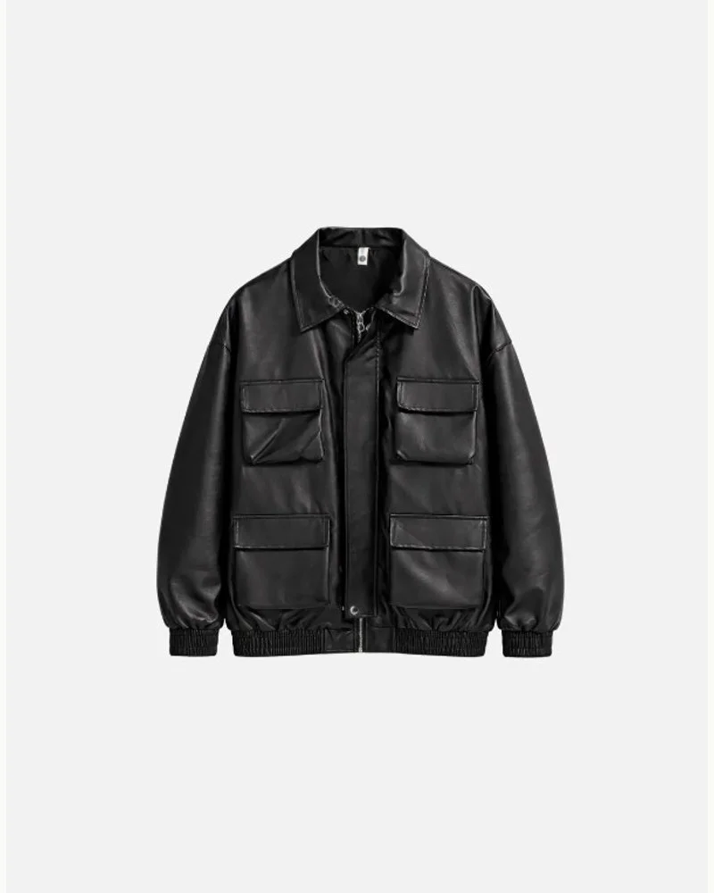 Black Vegan Leather Cargo Jacket