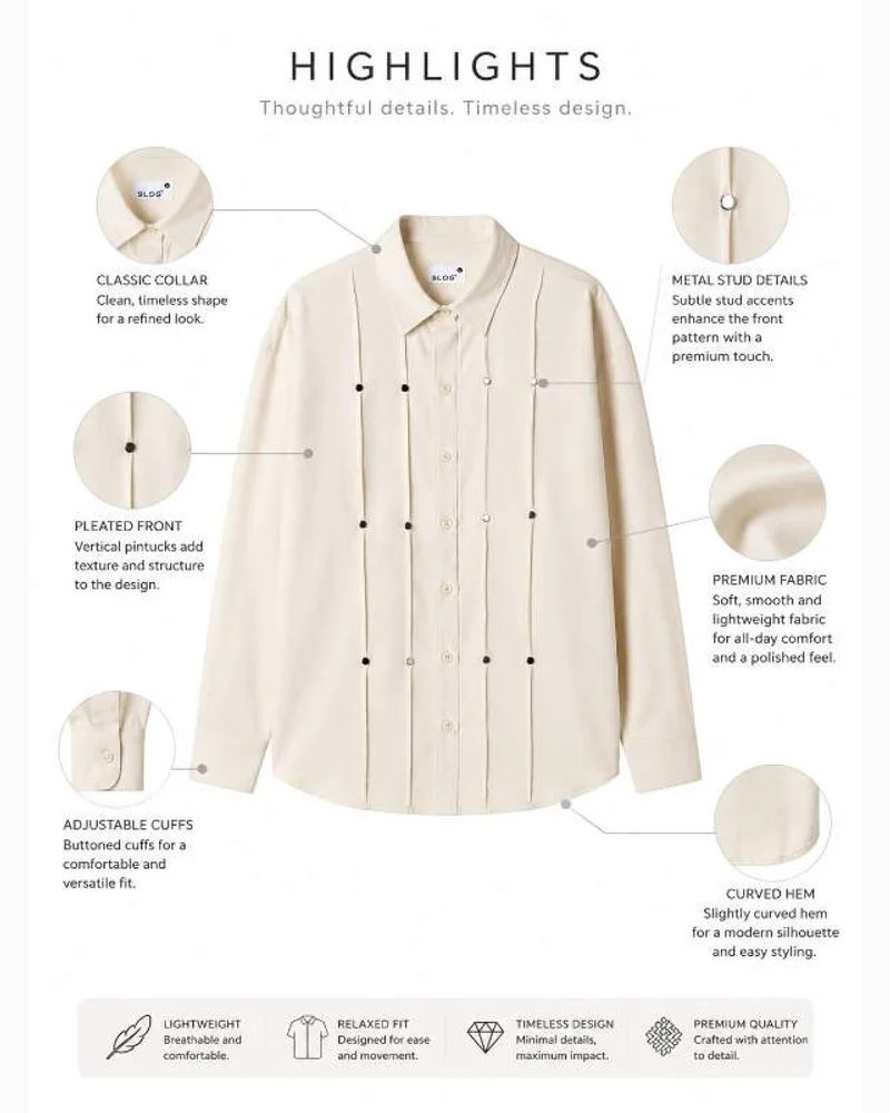 Cream Pleated Stud Shirt 3