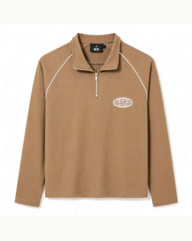 Camel Half-Zip Ribbed Sweatshirt