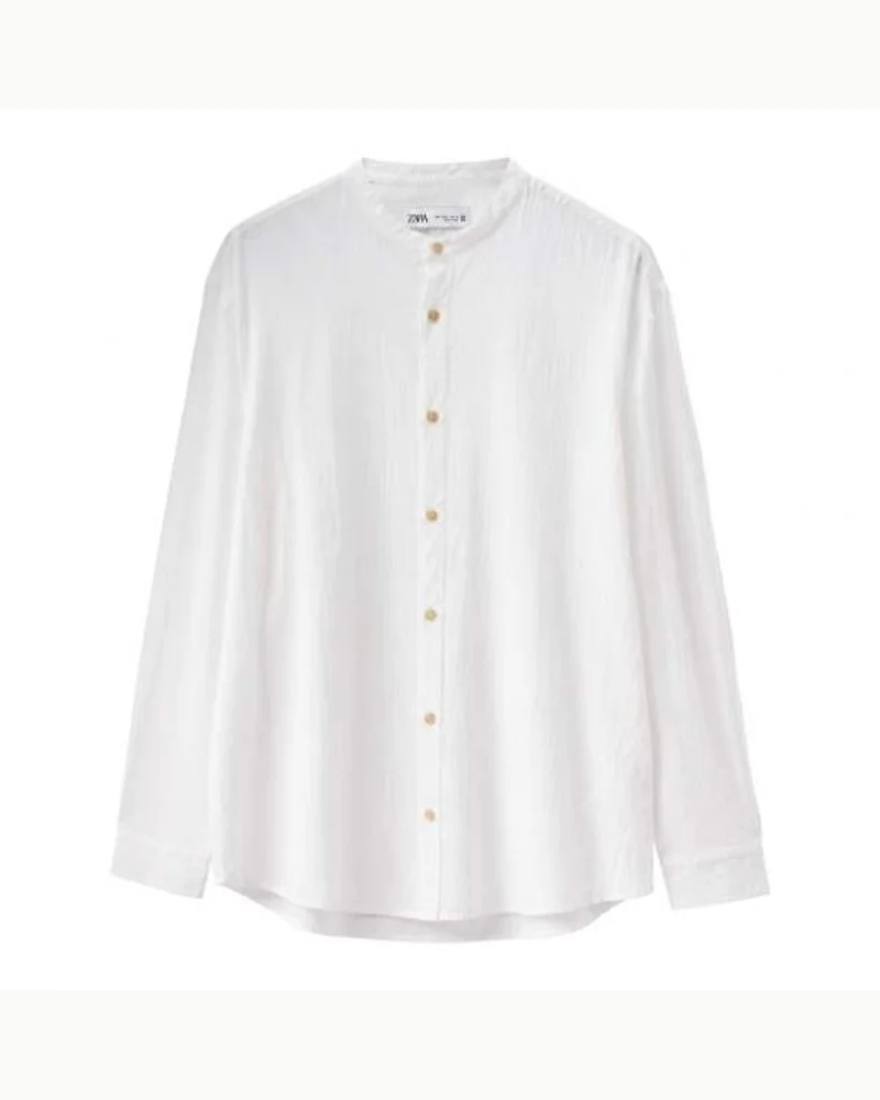 White Mandarin Collar Linen Shirt