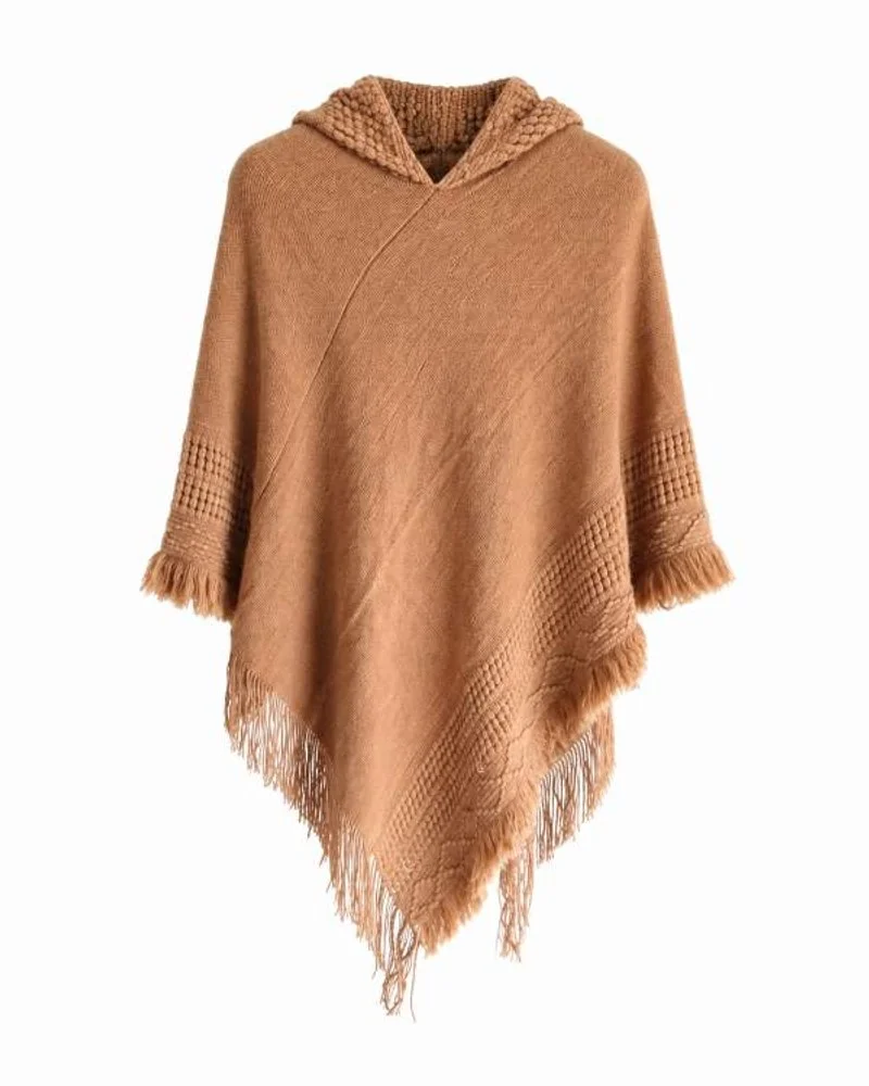 Camel Hooded Fringe Knit Poncho