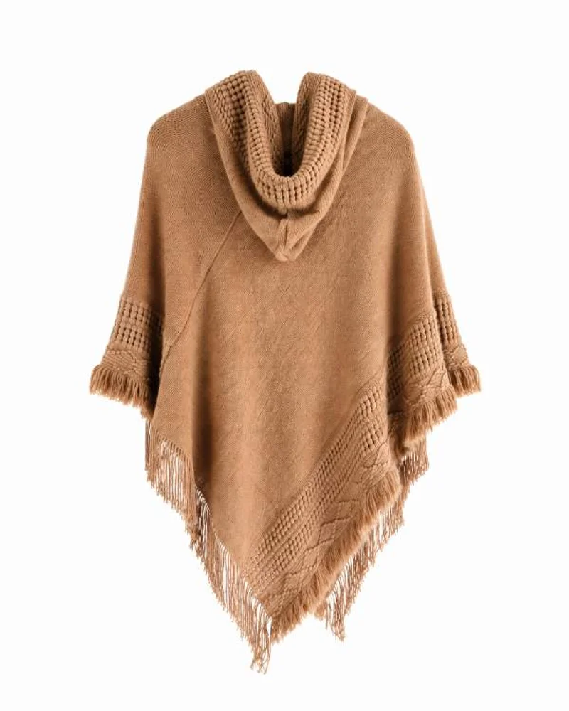 Camel Hooded Fringe Knit Poncho — alternate view